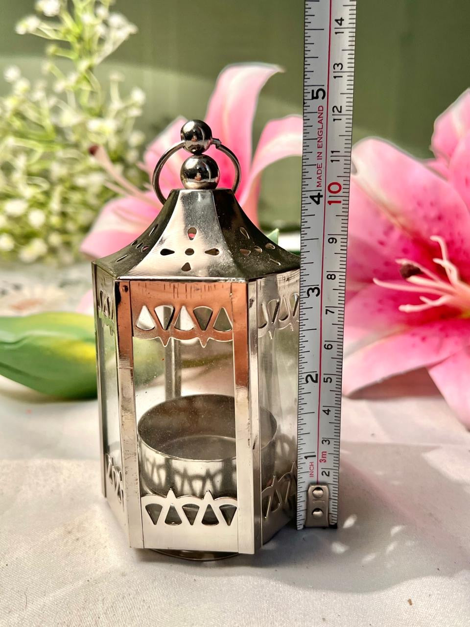 Silver-Tone Lantern Candle Holder with Clear Crystal Panels 12 cm