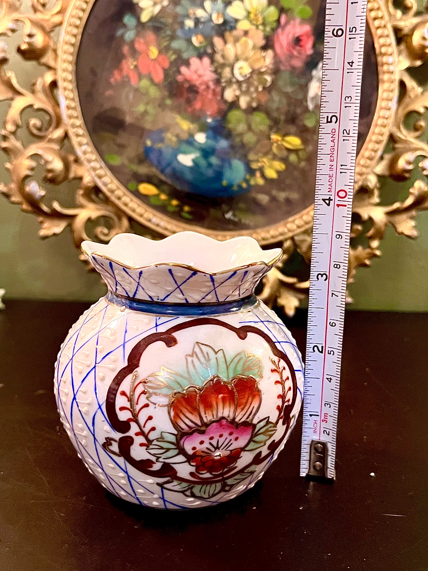 Vintage Hand-Painted Floral Ceramic Vase with Scalloped Rim 4 Inch