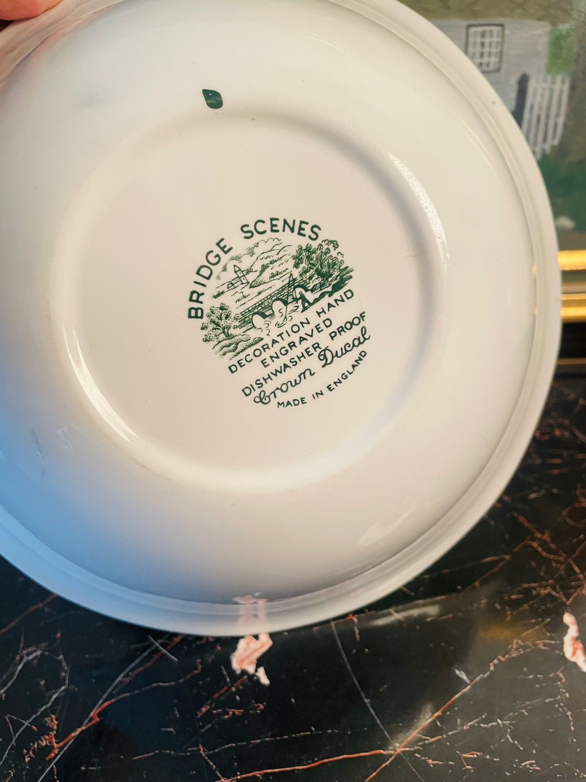 Brownhills Ducoal “Bridge Scenes” Green Transferware Bowl – England – 9.5 Inches