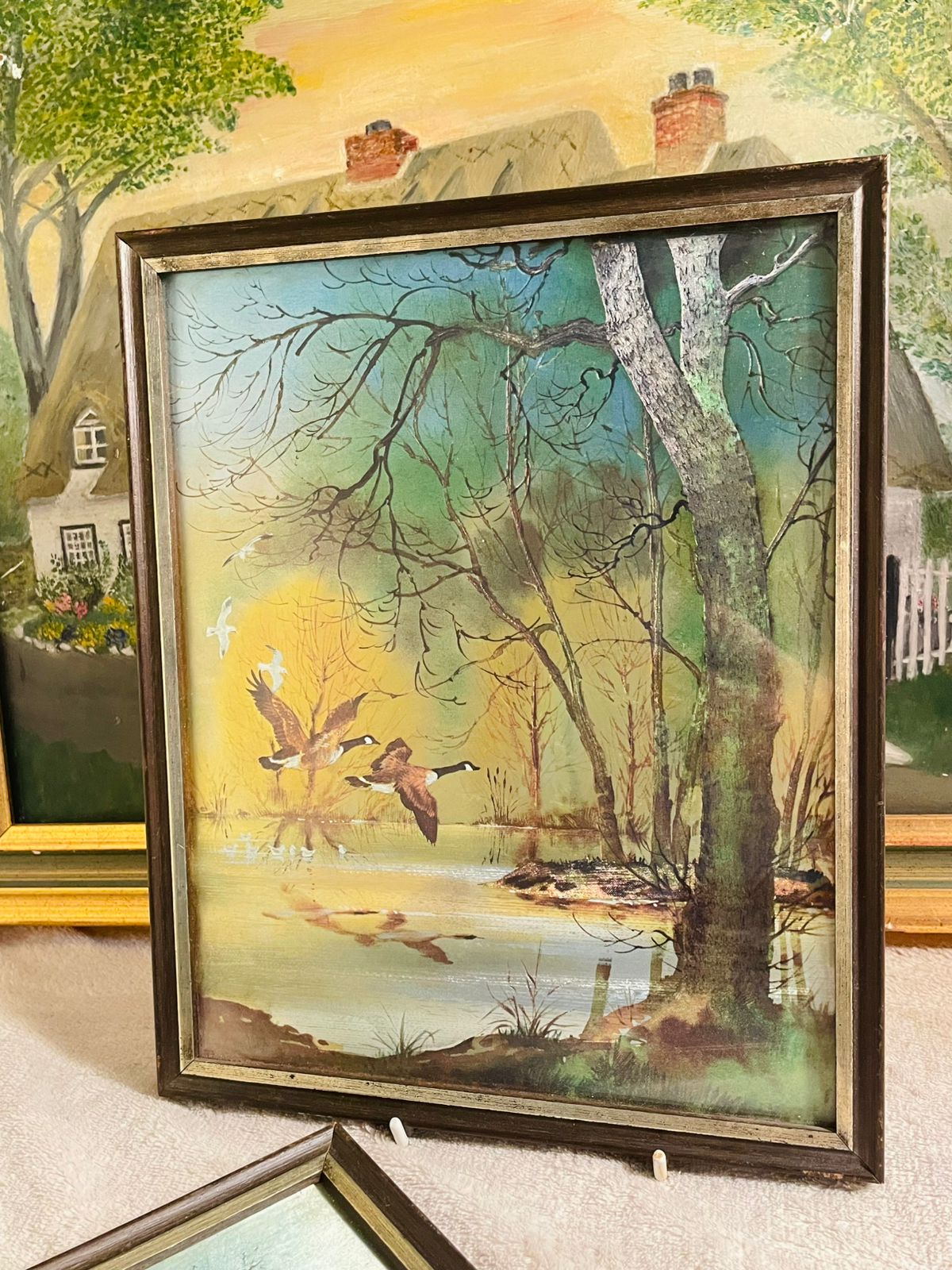 Set of 2 Vintage Holographic Flying Geese on Lake Art– 3D Illustration Frames
