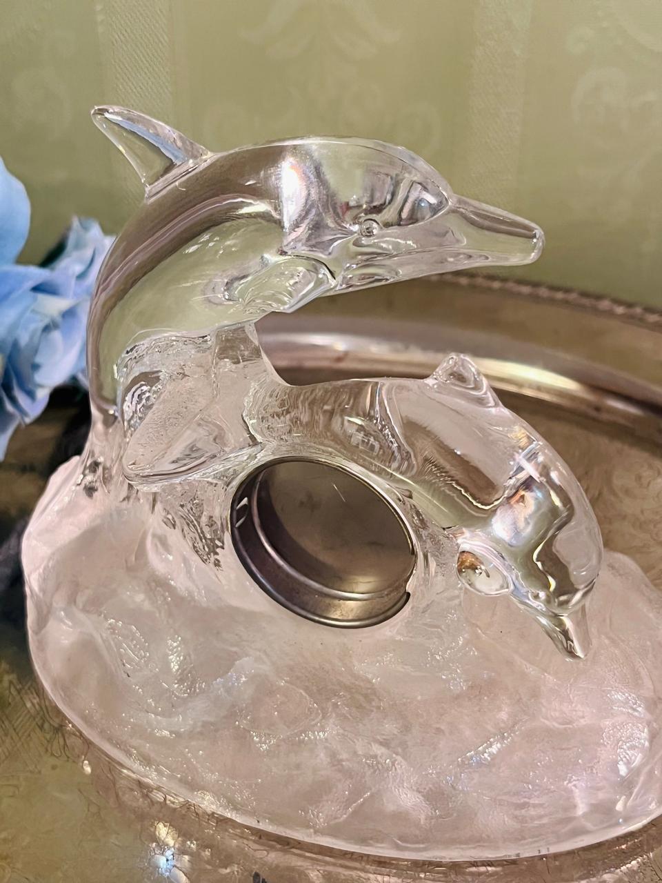 Vintage Clear Crystal Dolphin Sculpture 13 cm Wave Base