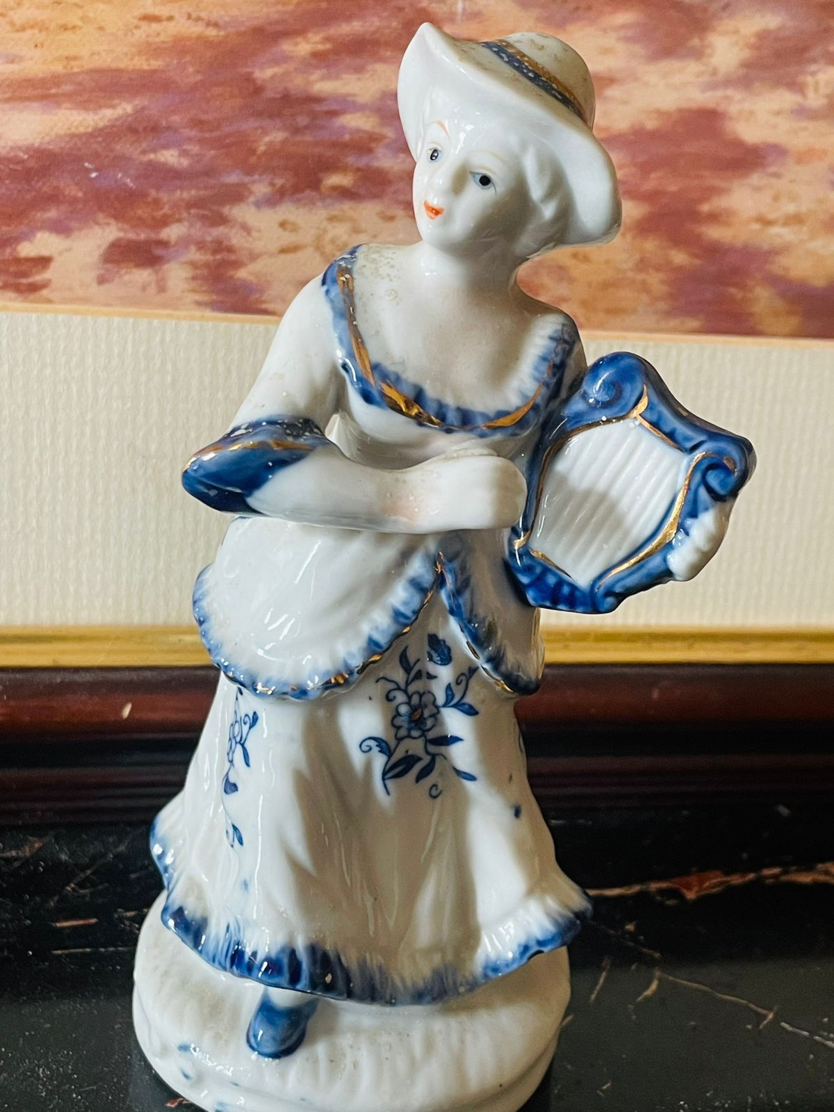 Vintage Porcelain Figurine in White and Blue – Playing Harp (England) Blue Pottery Home Decor