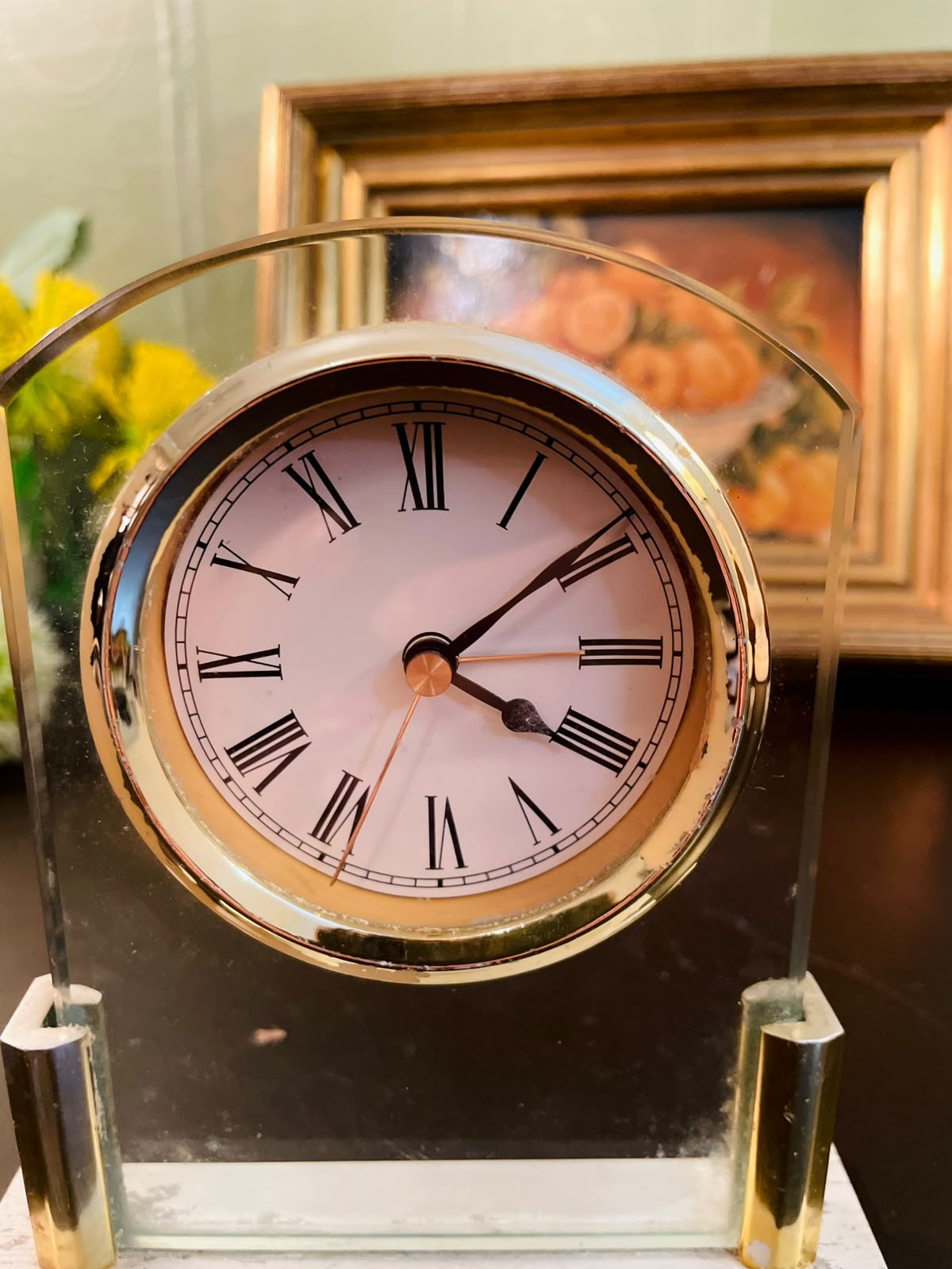 Vintage Glass Mantel Clock with Roman Numerals 5 Inch Desk Clock