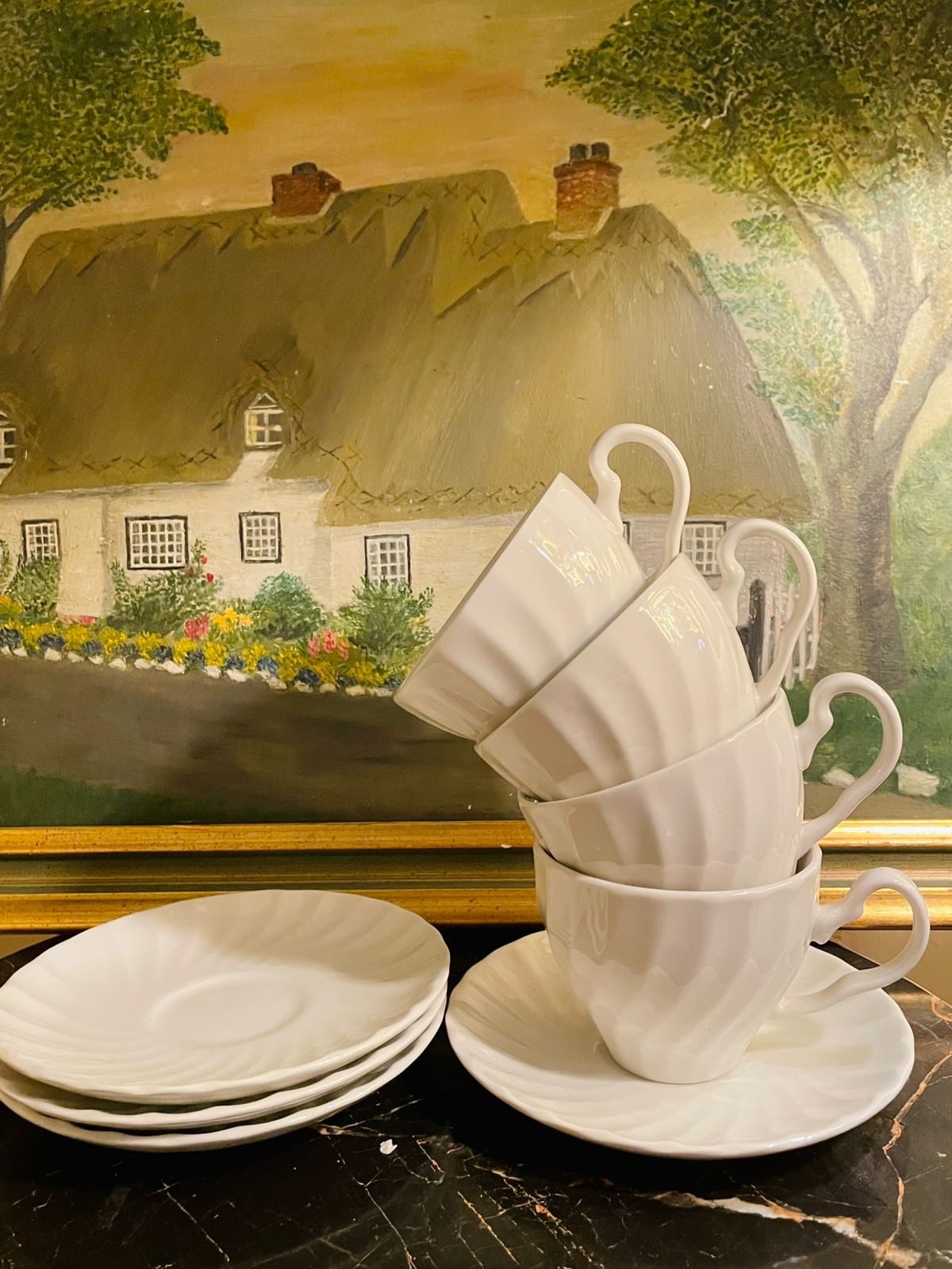 Set of 4 Vintage Johnson Brothers “Snowy White” Tea Cups & Saucers – Made in England