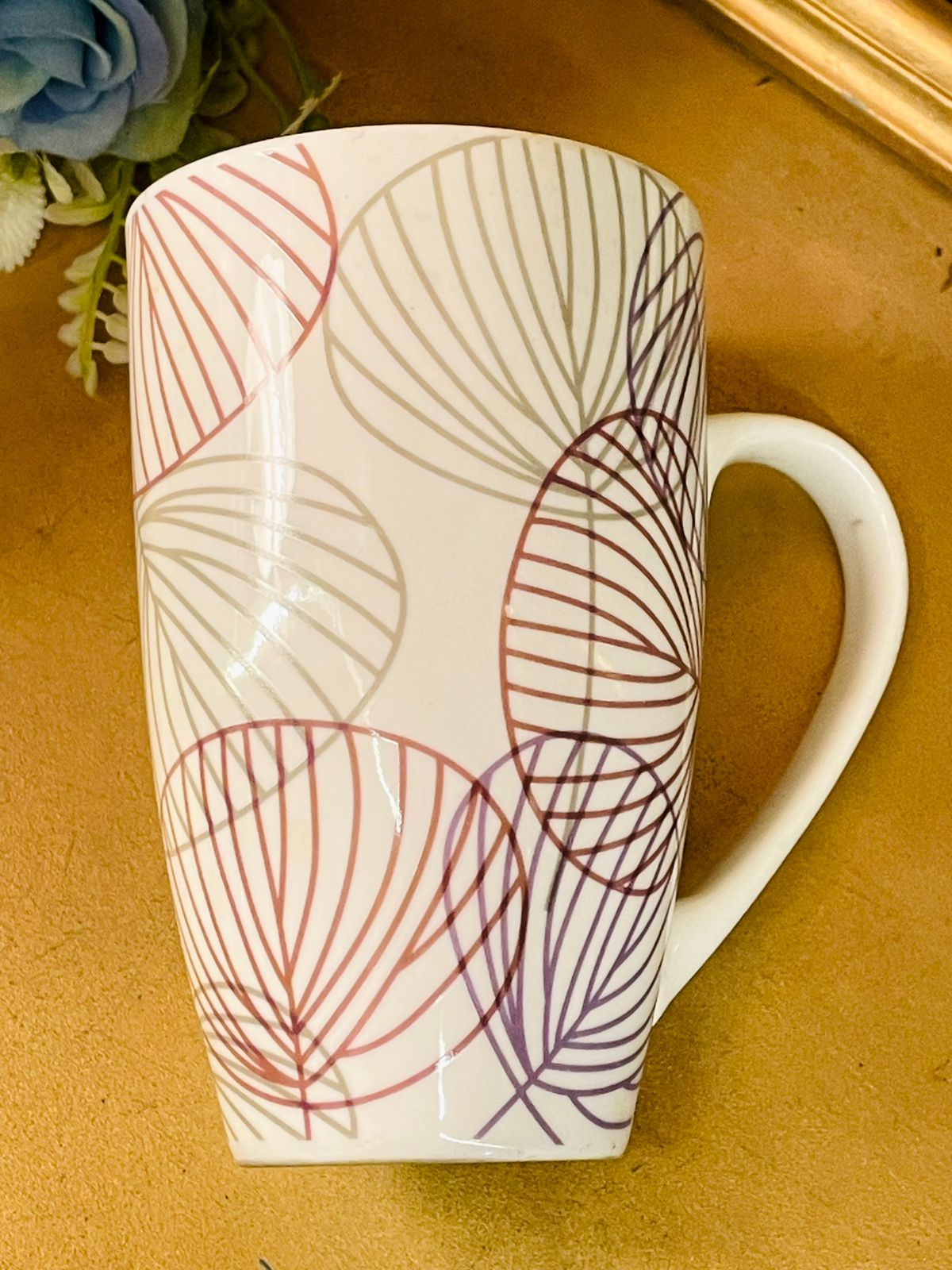 Tall Botanical Line Art Ceramic Mug in Soft Mauve