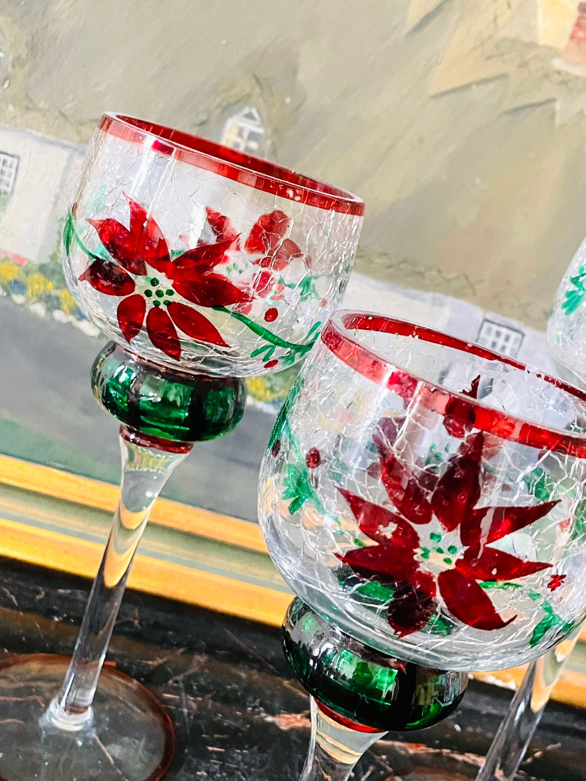 Set of 3 Handcrafted Crackle Glass Candle Stands – Red Poinsettia Floral Design