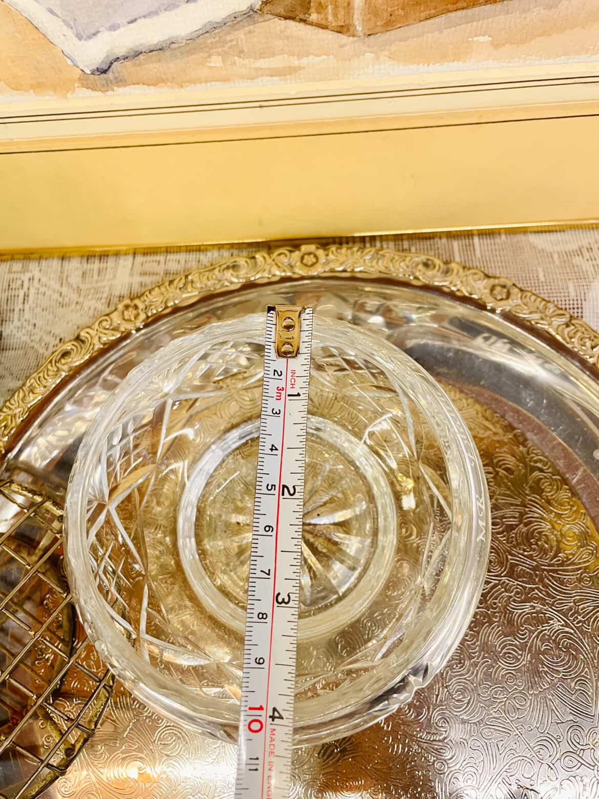 Vintage Cut Glass Rose Bowl with Metal Frog Lid