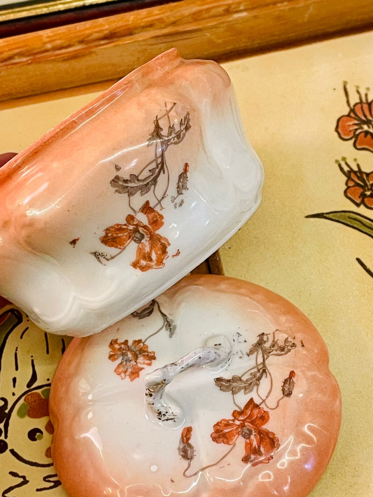 Vintage Peach Ceramic Trinket Box with Floral Lid