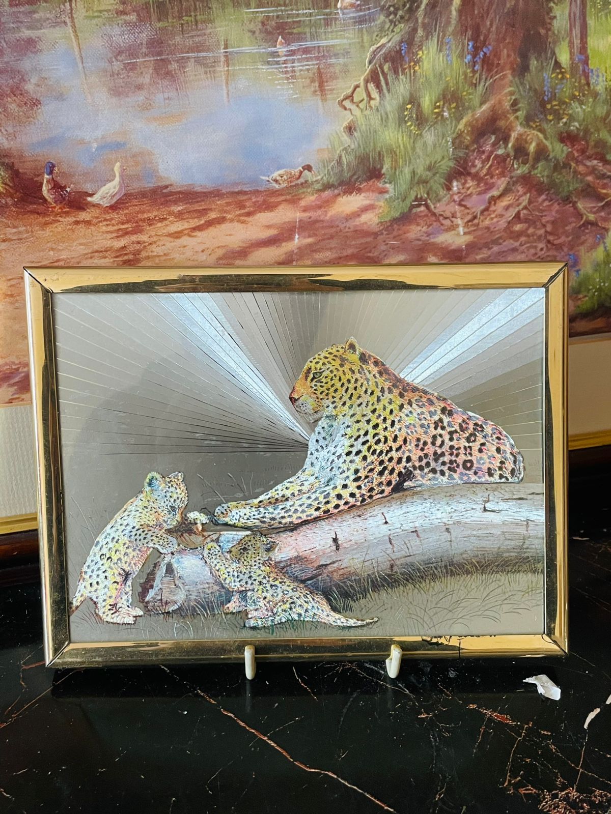 Set of 2 Vintage Leopard & Cubs Glass Frames – 3D Mirrored Wildlife Art Home Decor