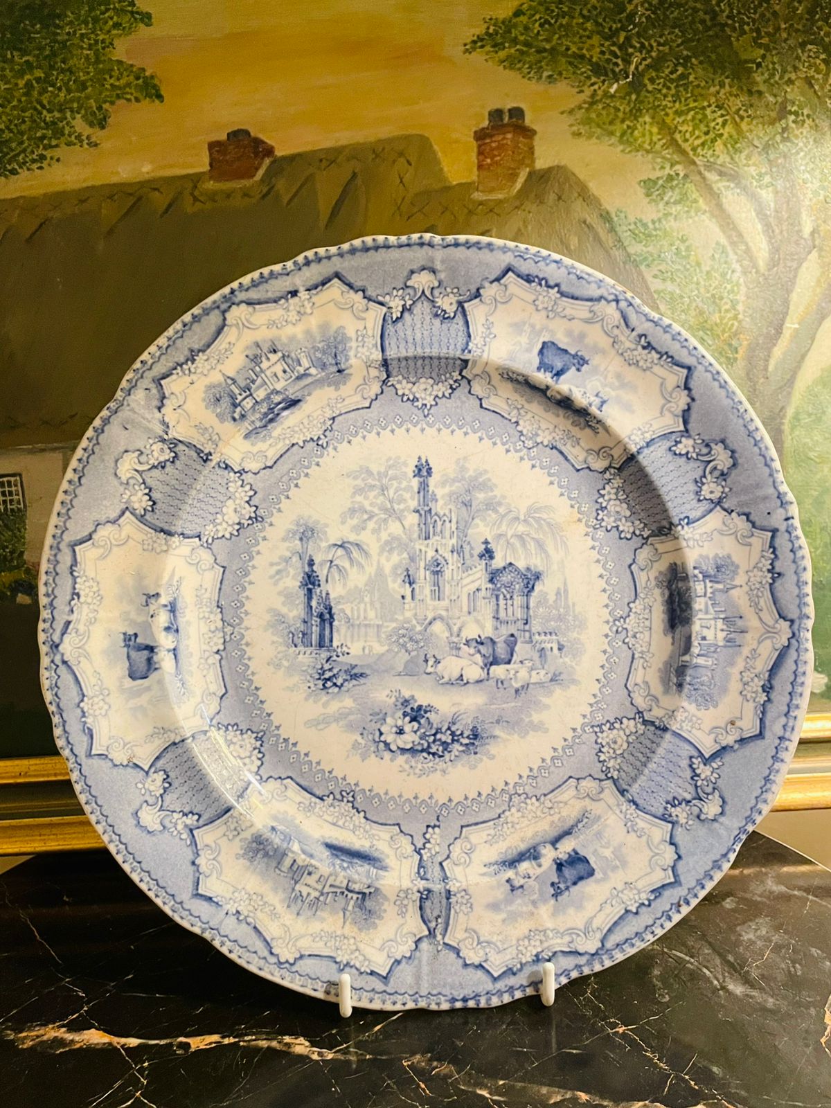 1840s English Blue and White Transfer Earthenware Arcadia Decor Plate 11 inches