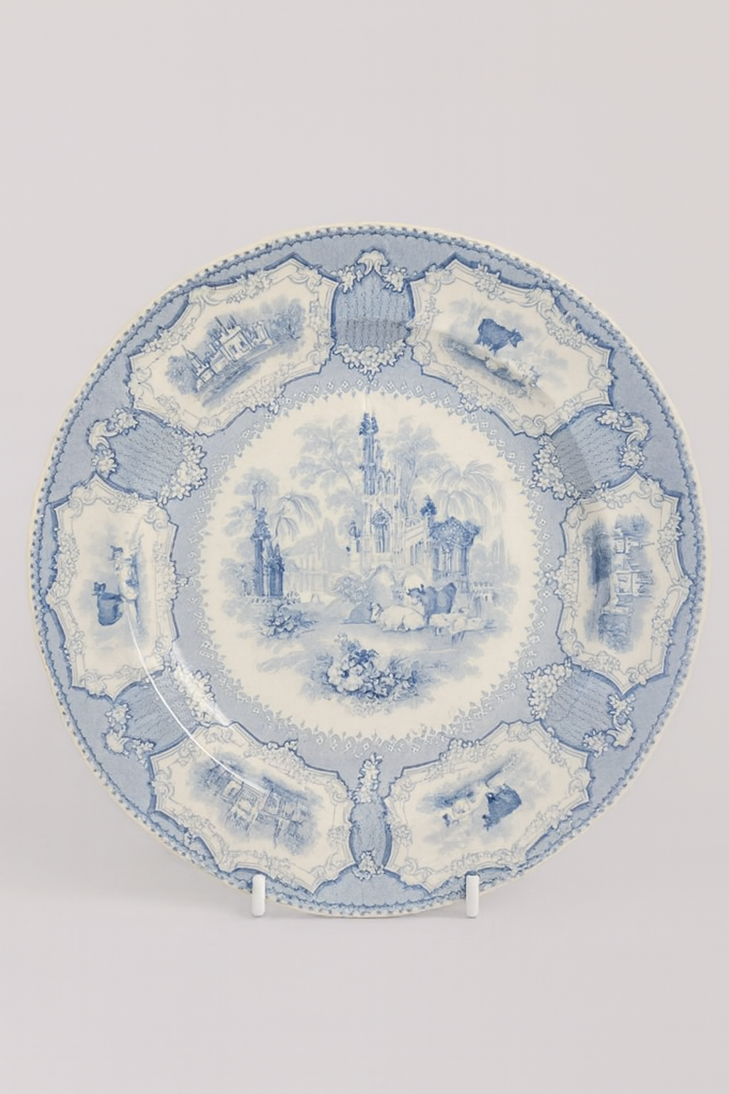 1840s English Blue and White Transfer Earthenware Arcadia Decor Plate 11 inches