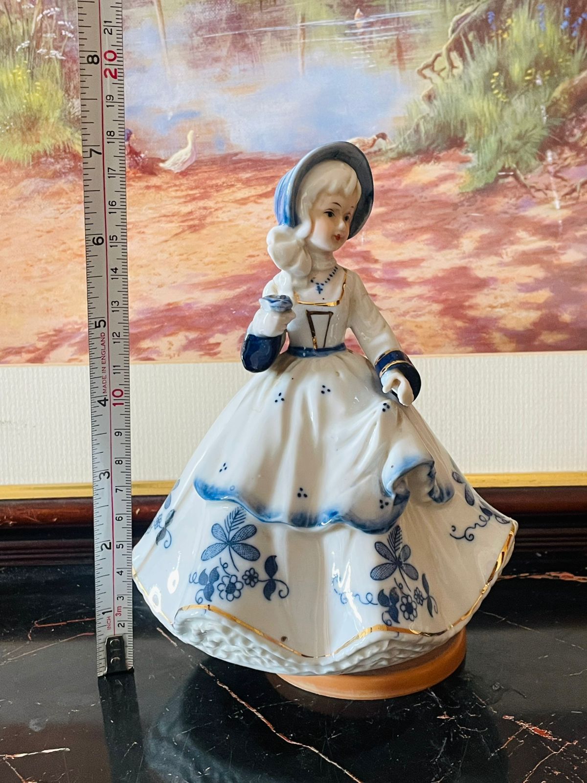 Musical Vintage Porcelain Music Figurine – Lady in Blue Dress, Blue pottery