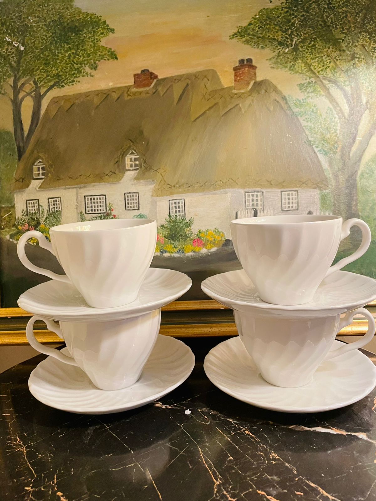 Set of 4 Vintage Johnson Brothers “Snowy White” Tea Cups & Saucers – Made in England