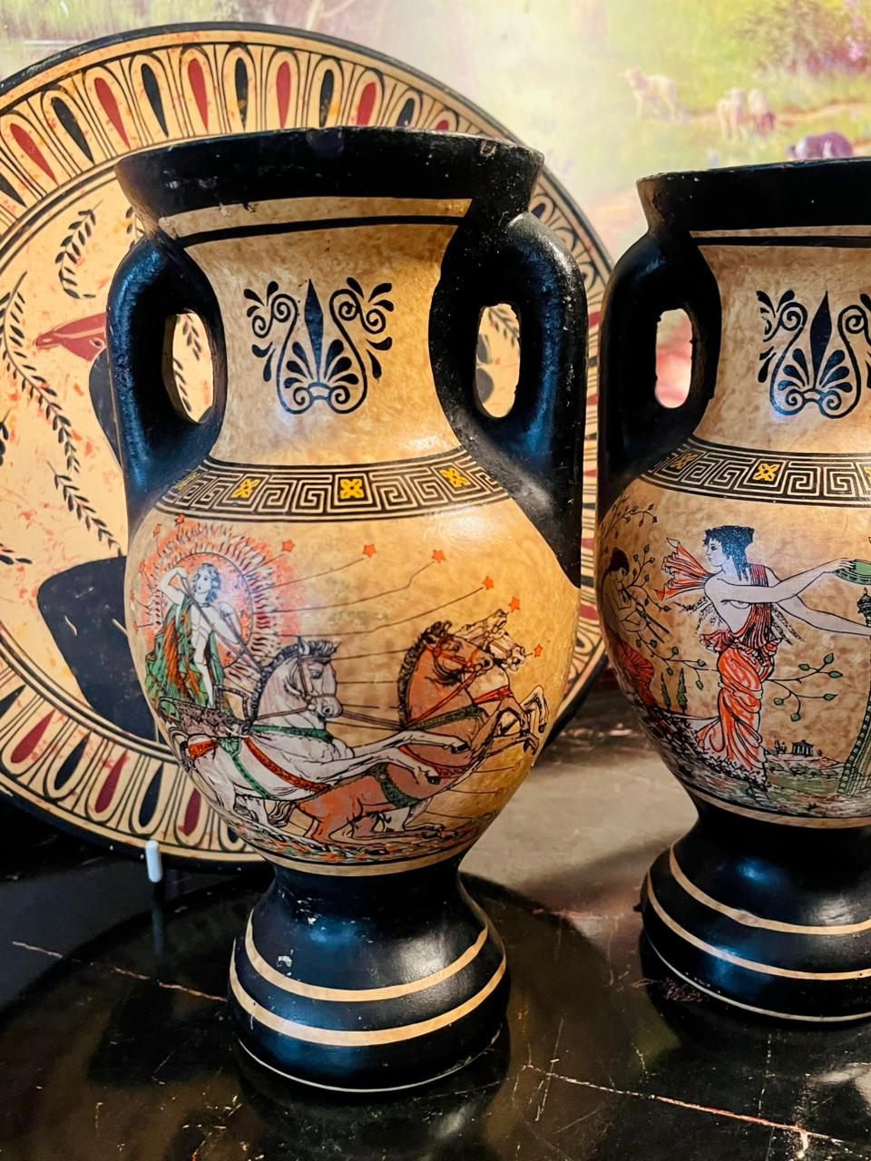 Set of 5 Greek Mythology Hand-Painted Pottery Set β Plate, Vases & Lidded trinket box, Home Decor
