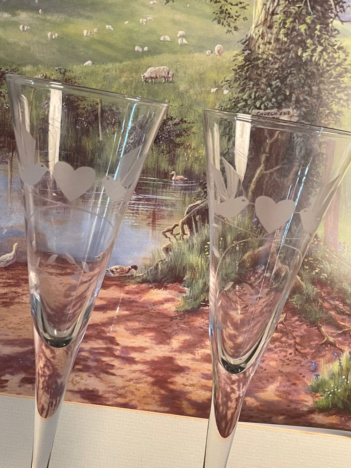 Pair of Tall Crystal Champagne Flutes – Etched Heart & Dove Design