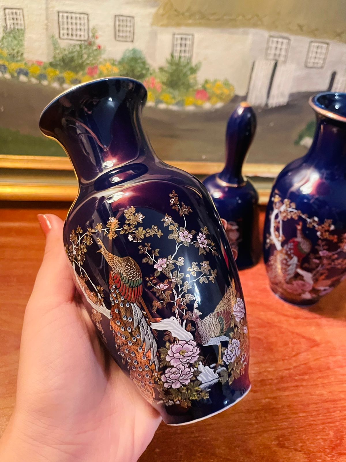 Antique 1960's Japanese Cobalt Blue Peacock Vases & Bell, Set of 3