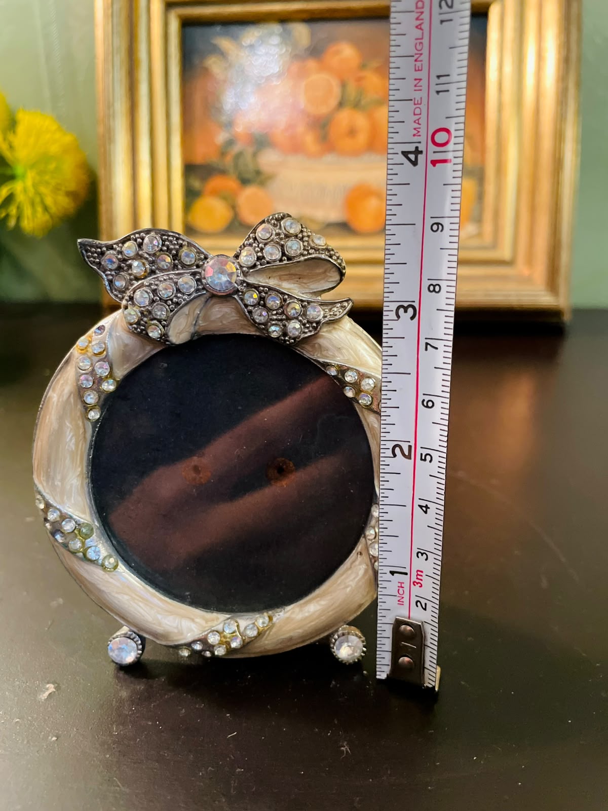 Vintage Jeweled Round Photo Frame 3.5 Inch Rhinestone Bow Picture Frame