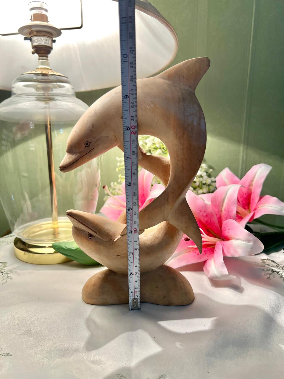 Vintage Carved Wooden Dolphin Sculpture – Pair on Base 24 cm