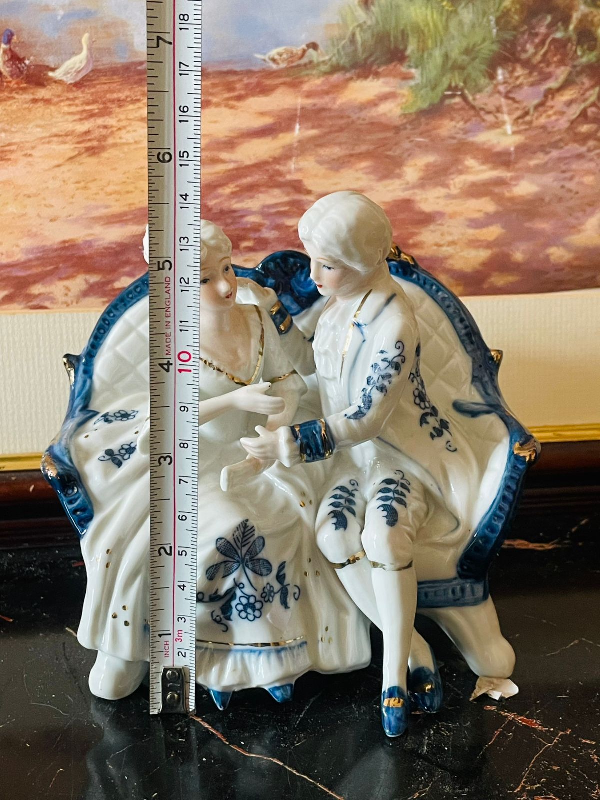 Victorian Couple Figurine – Blue & White with Gold Detailing (England) Blue Pottery Home Decor