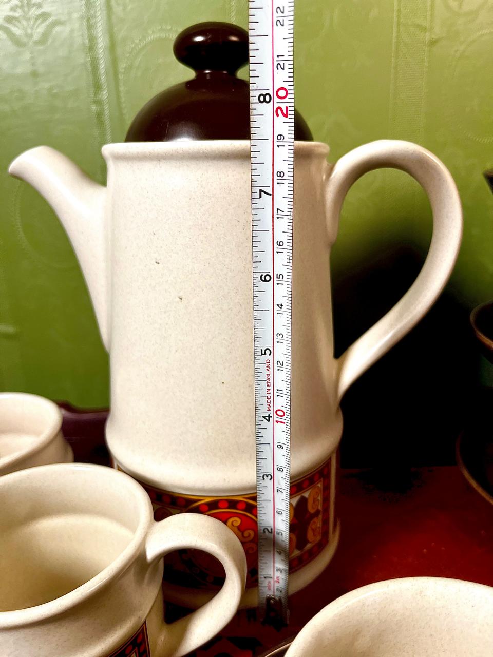 Vintage Stoneware Tea Set | 11 Pieces | Retro Geometric Pattern