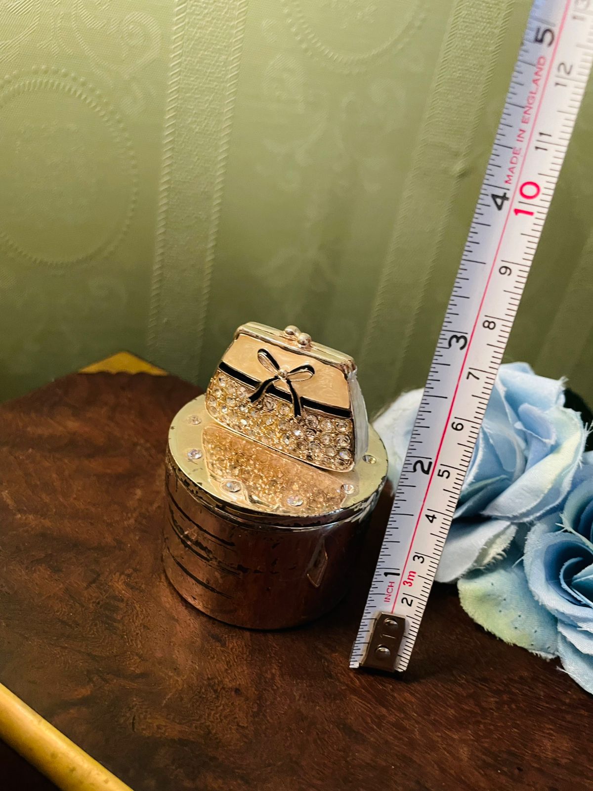Vintage Rhinestone Trinket Box with Handbag Lid 3 Inch