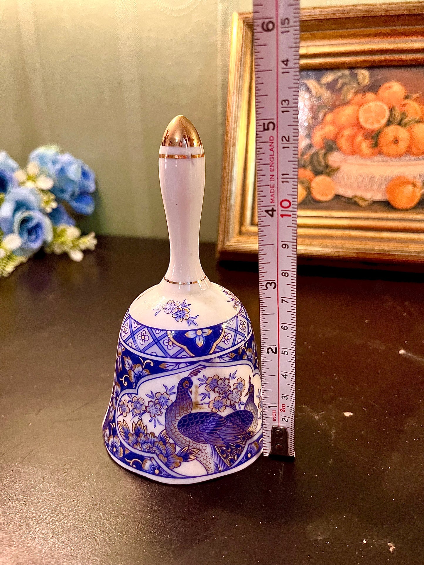 Blue and White Peacock Ceramic Hand Bell – Gold Trim Collectible