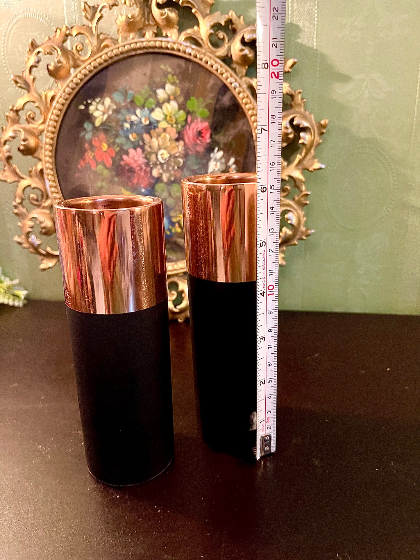 Pair of Black & Copper Cylinder Candle Holders
