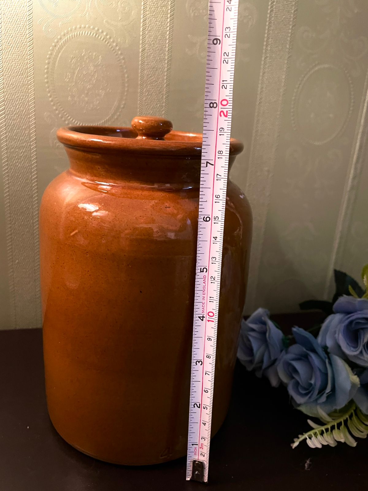 Vintage Brown Glazed Stoneware Storage Jar with Lid 8 Inch