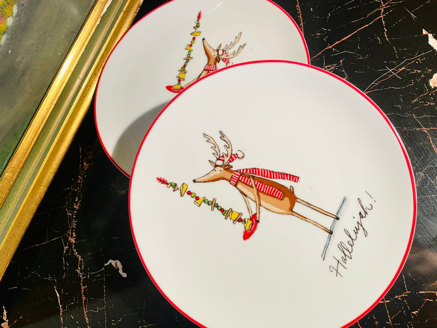 Festive Reindeer Porcelain Plates – Christmas Red Rim Dinner Set “Hallelujah”