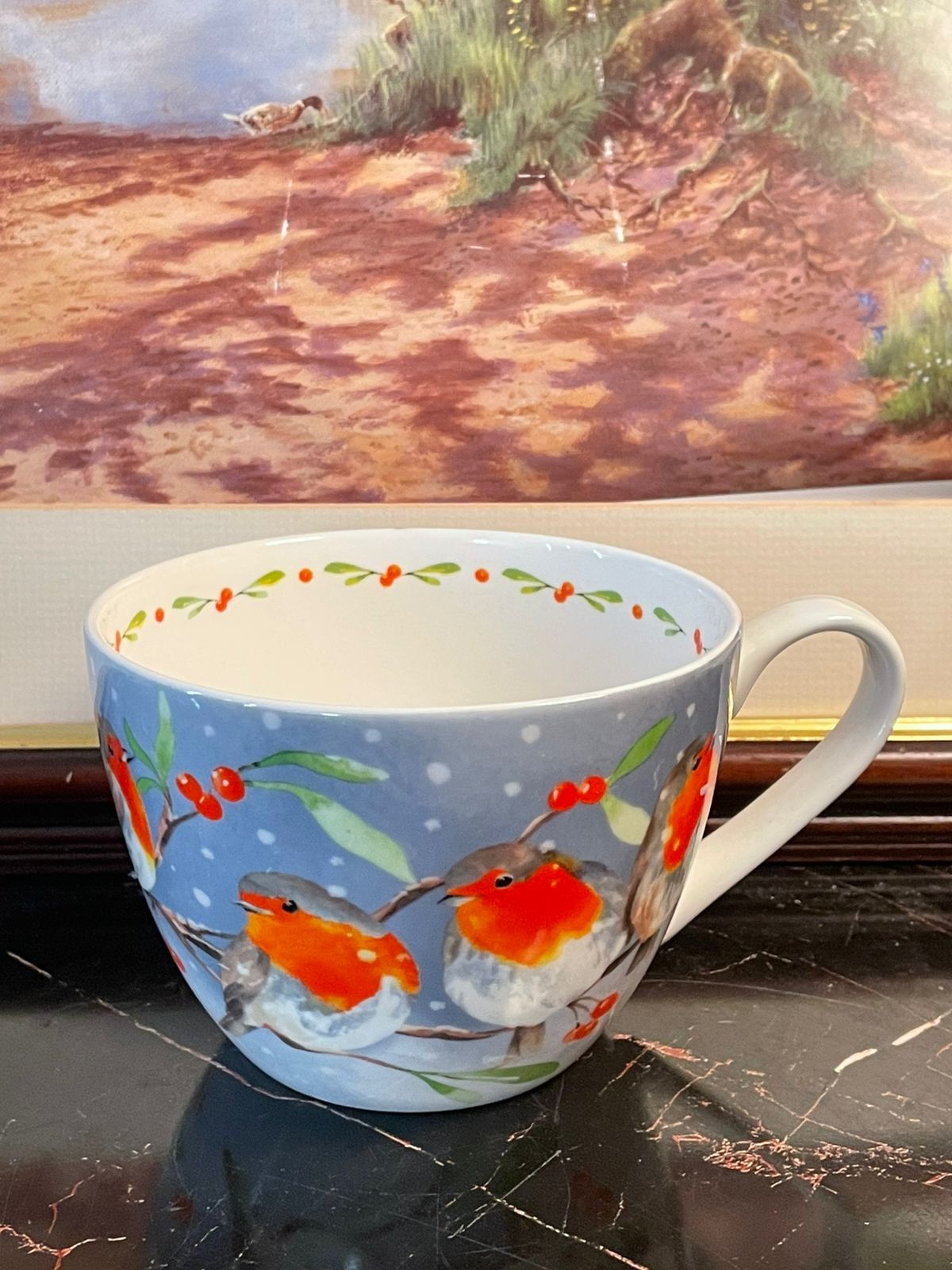robin bird mugs, winter festive mugs Pakistan, ceramic tea coffee mugs, Christmas robin cups, collectible bird mugs, vintage style crockery, ceramic mugs England, hot chocolate mugs Pakistan, rare thrift finds crockery, seasonal ceramic cups