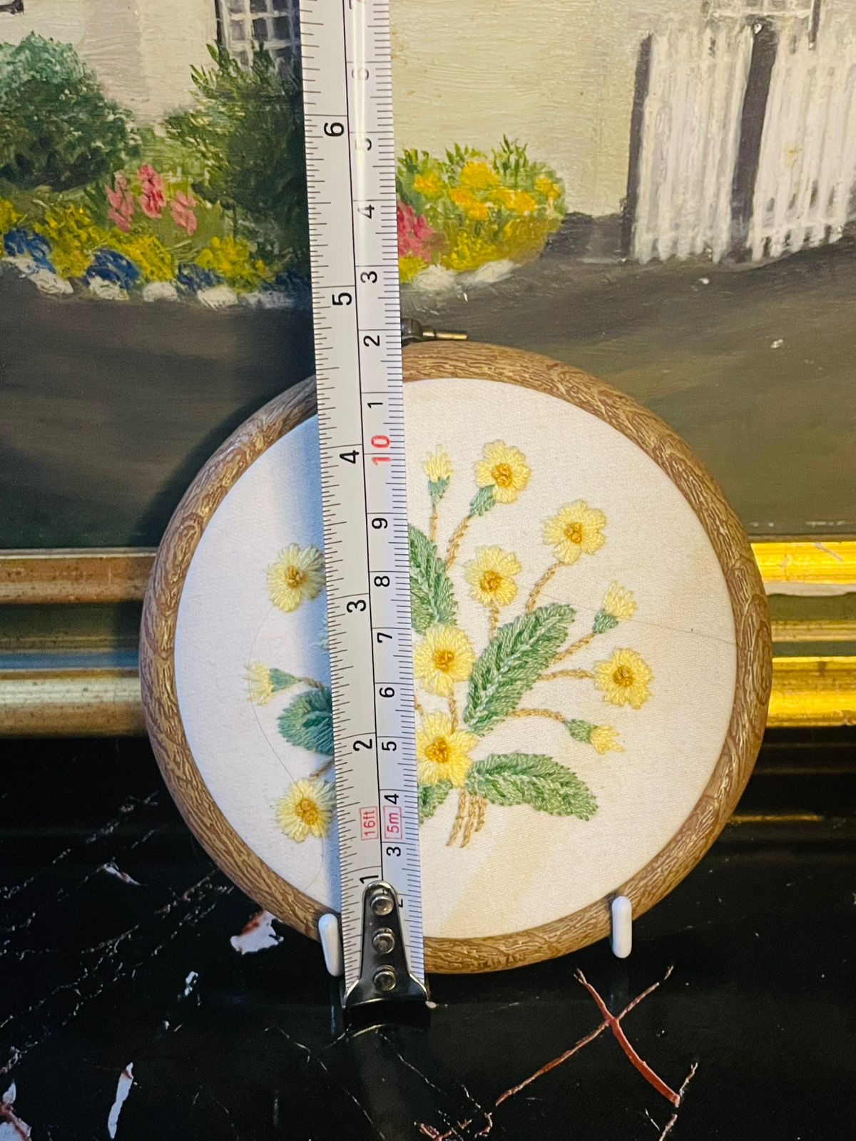 Vintage Hand Embroidered Floral Wall Art – Yellow Flowers in Round Wooden Frame