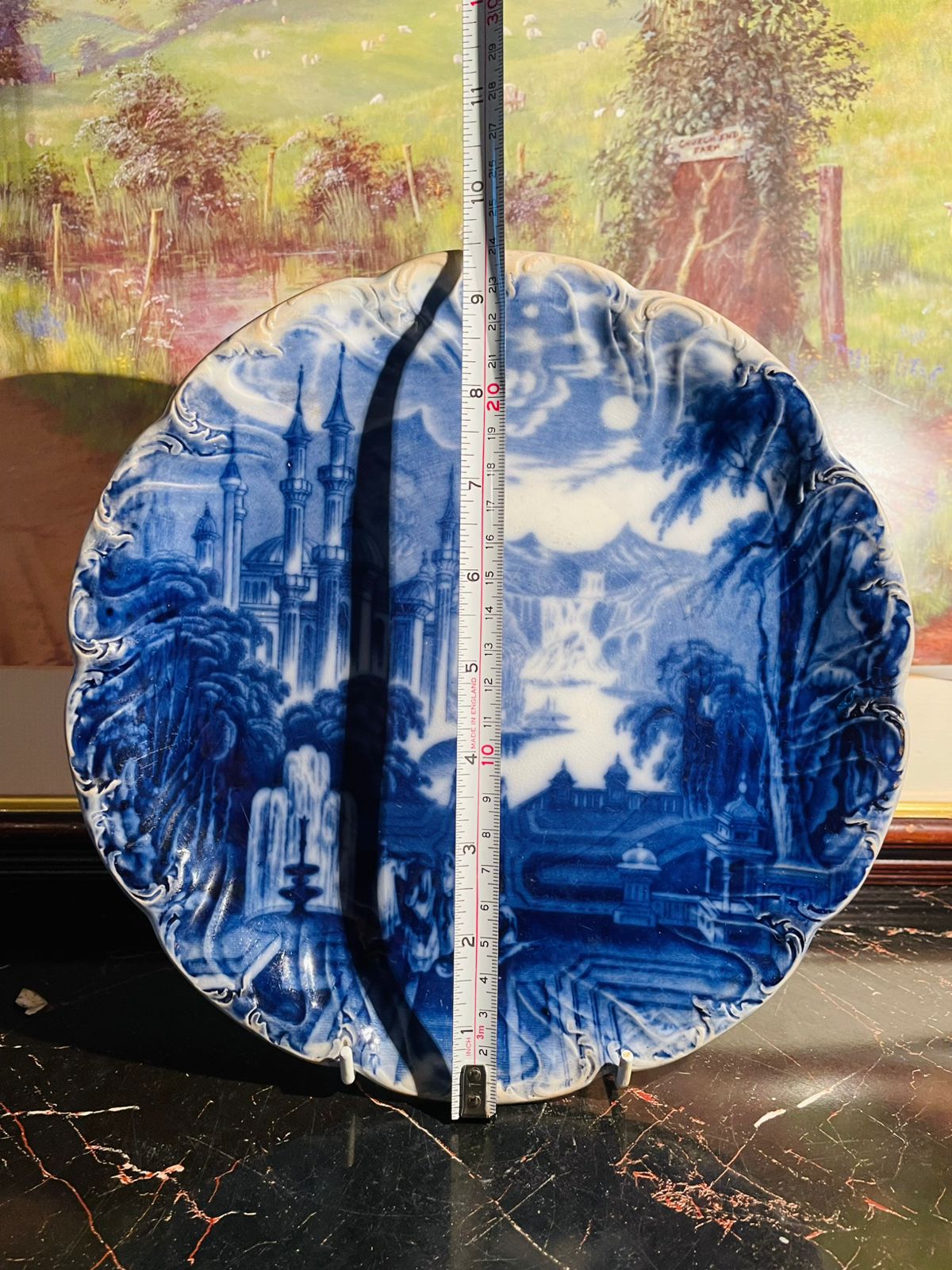 Vintage Blue & White Flow Blue Plate – Ancient Pastoral Scene (England)