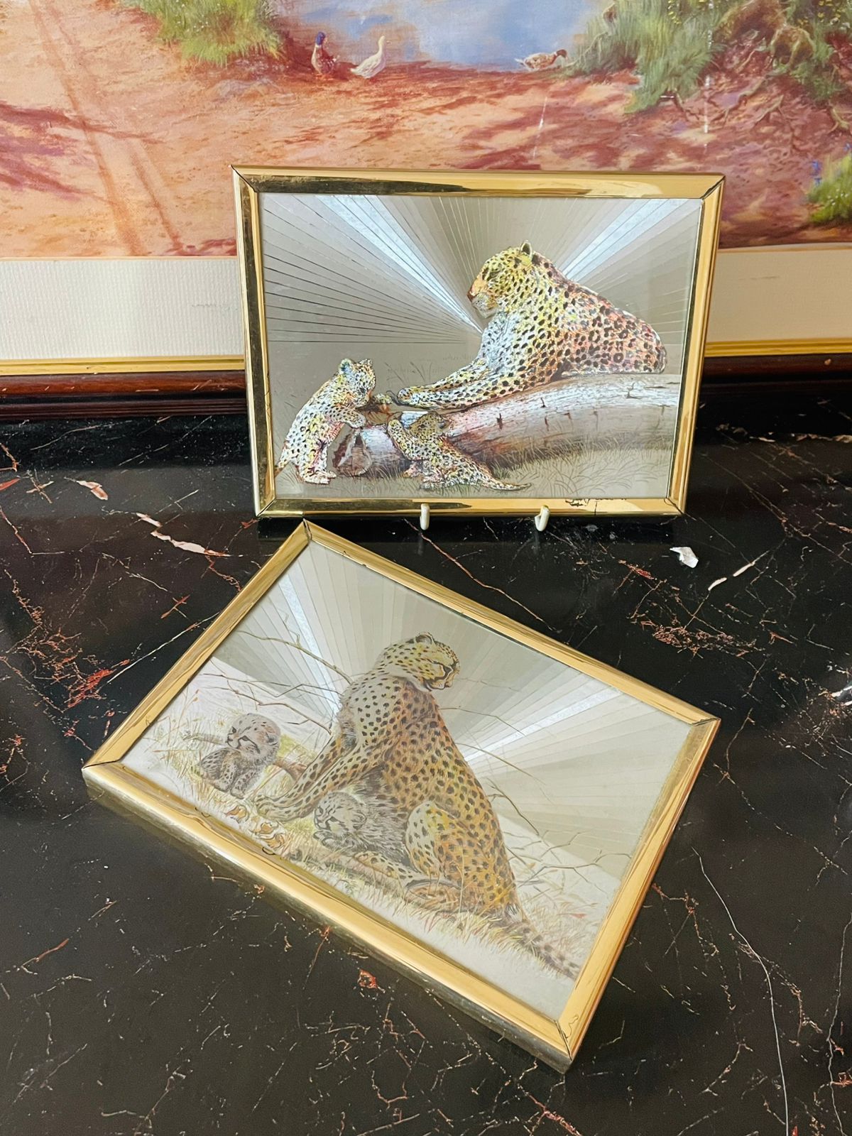 Set of 2 Vintage Leopard & Cubs Glass Frames – 3D Mirrored Wildlife Art Home Decor