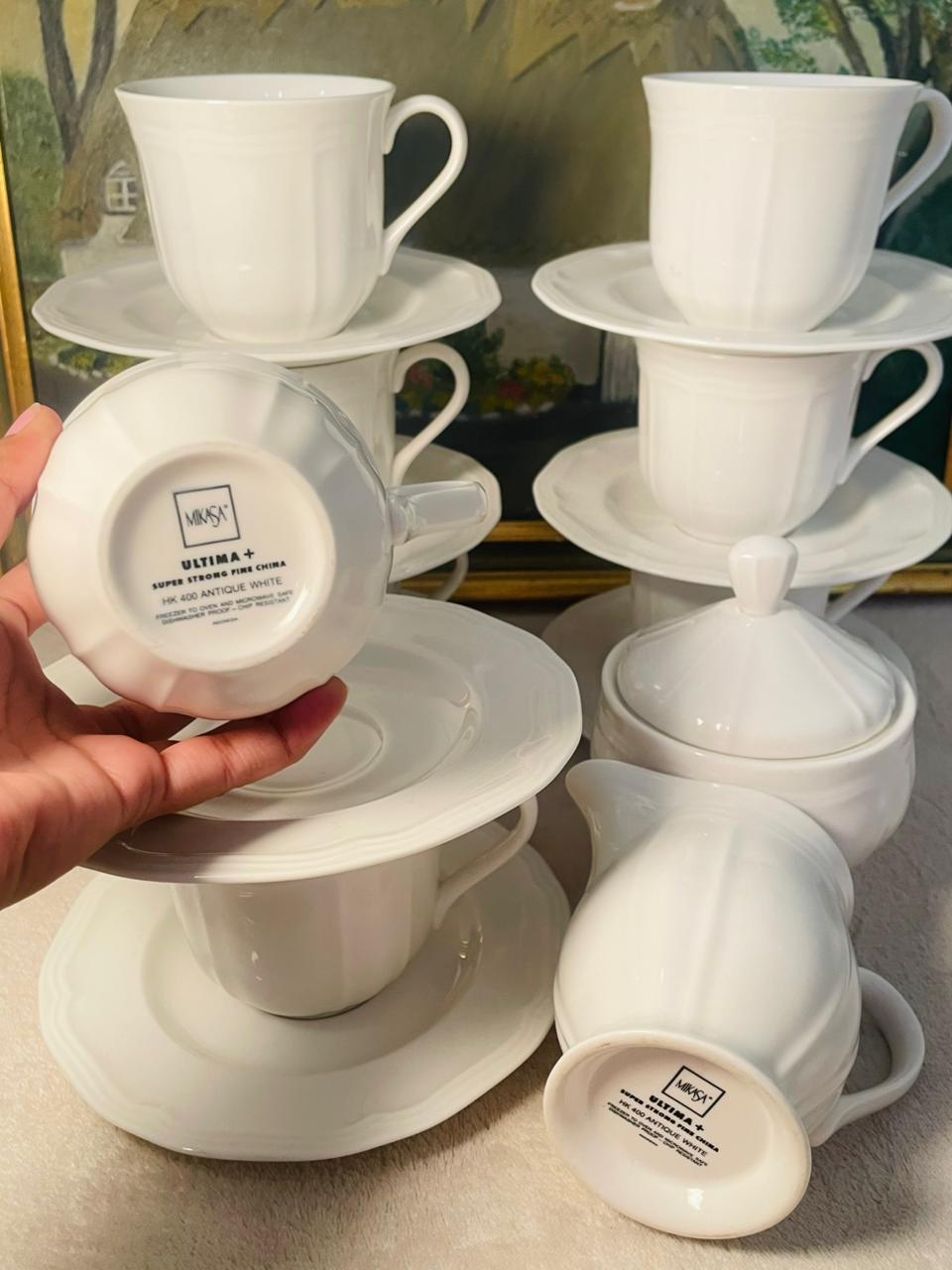 Tea Set, 6 Persons (1400/-) White Cup Saucers, Sugar Bowl & Creamer, Full Set, England