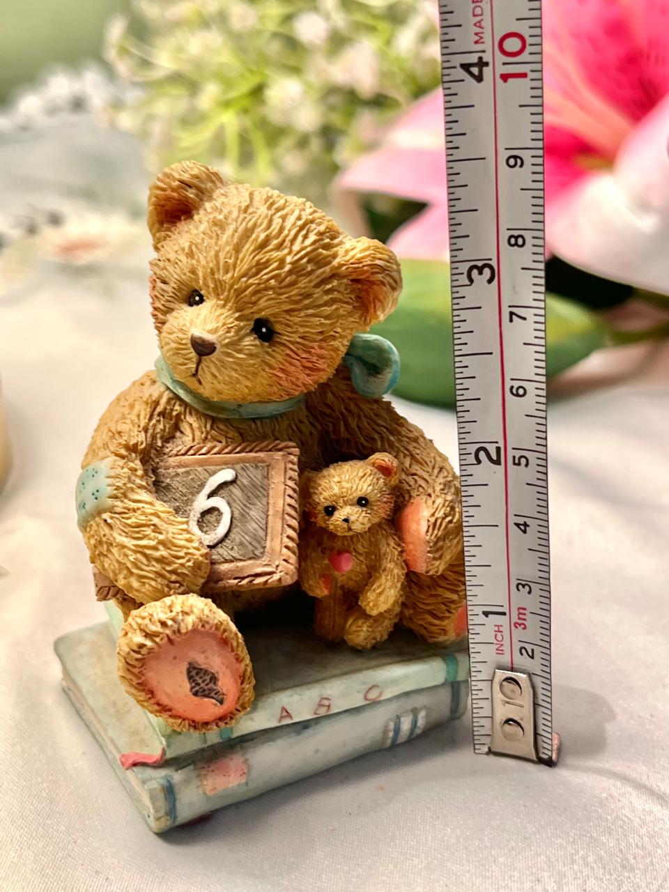 Vintage Teddy Bear Figurine with Mini Bear & Number 6 7 cm