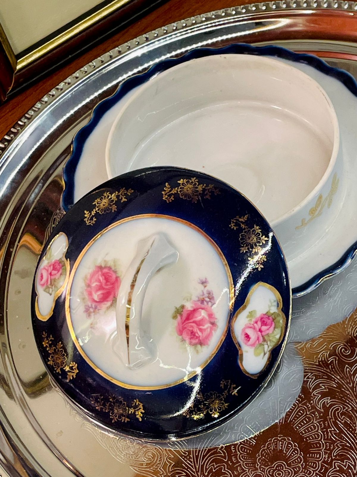 Vintage Navy & Gold Porcelain Butter Dish with Rose Motif
