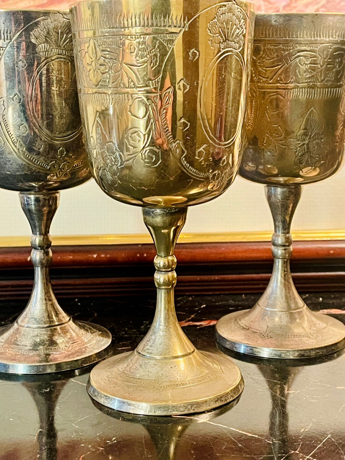 Vintage Engraved Metal Goblet Set (4 Pcs) – England