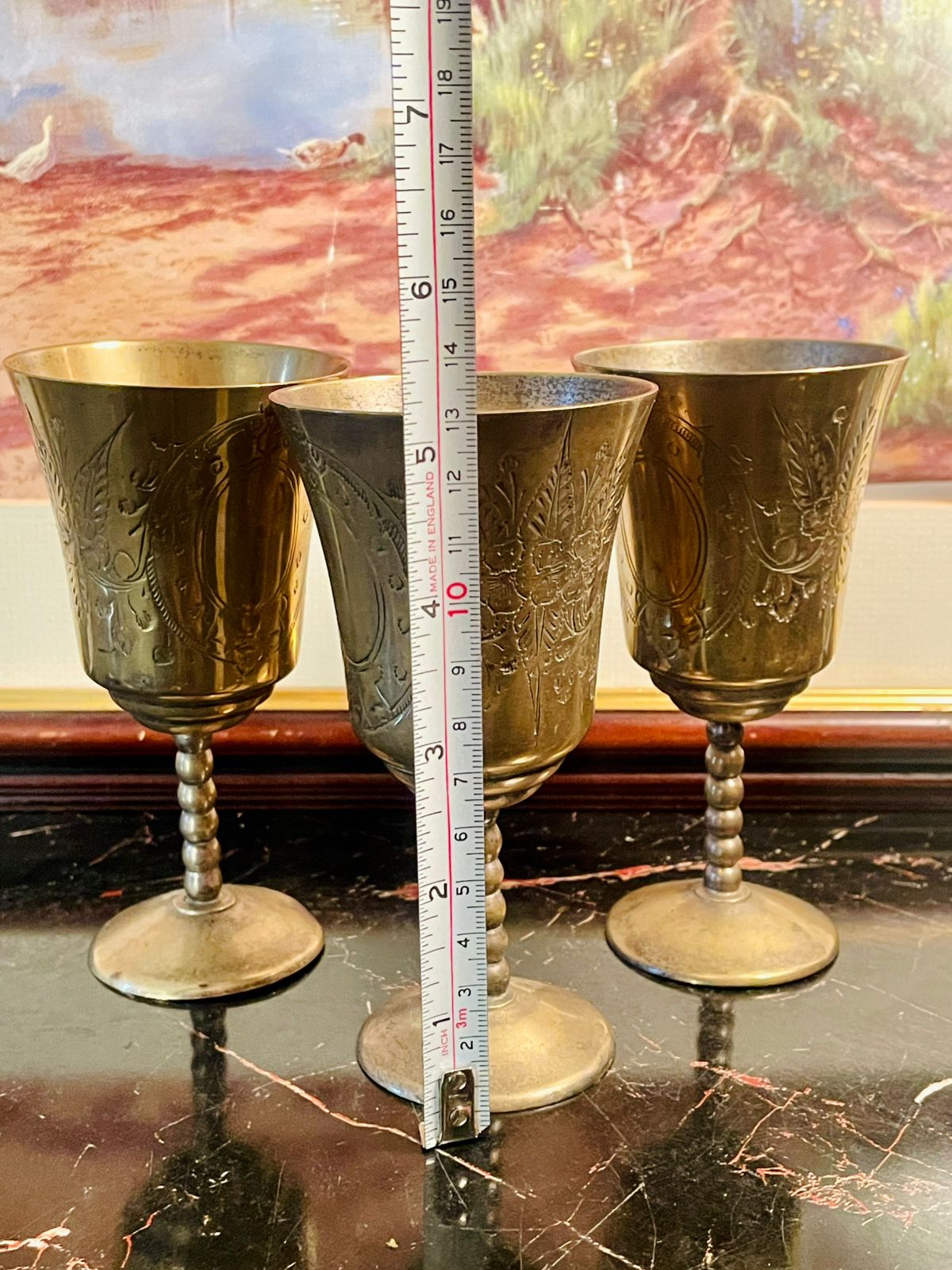Set of 3 Vintage Brass Goblets with Intricate Floral Engravings
