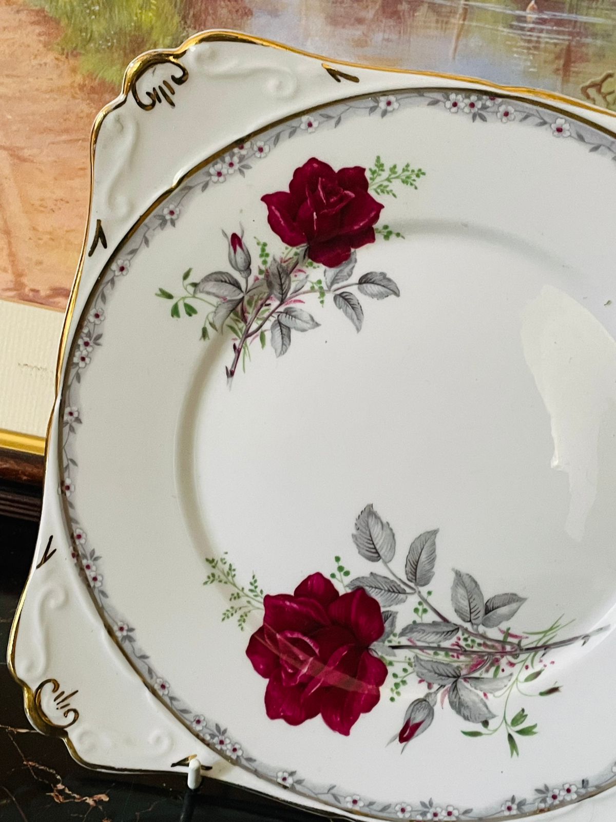 Royal Staffordshire “Roses to Remember” Square Serving Plater – Gold Rim, Fine English China