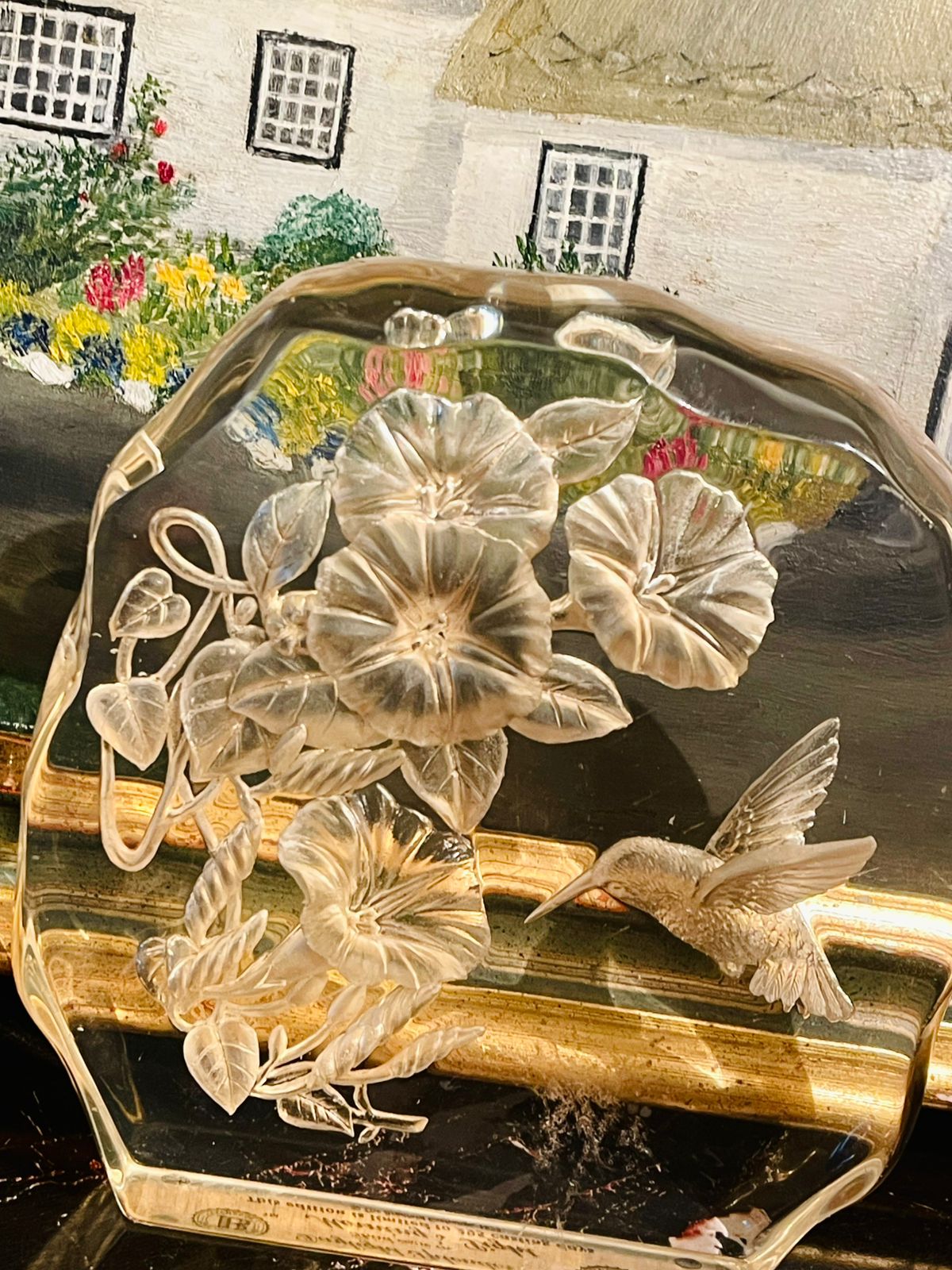 Vintage Lucite Acrylic Block – Hand Carved Morning Glory Flowers & Hummingbird Sculpture (USA)