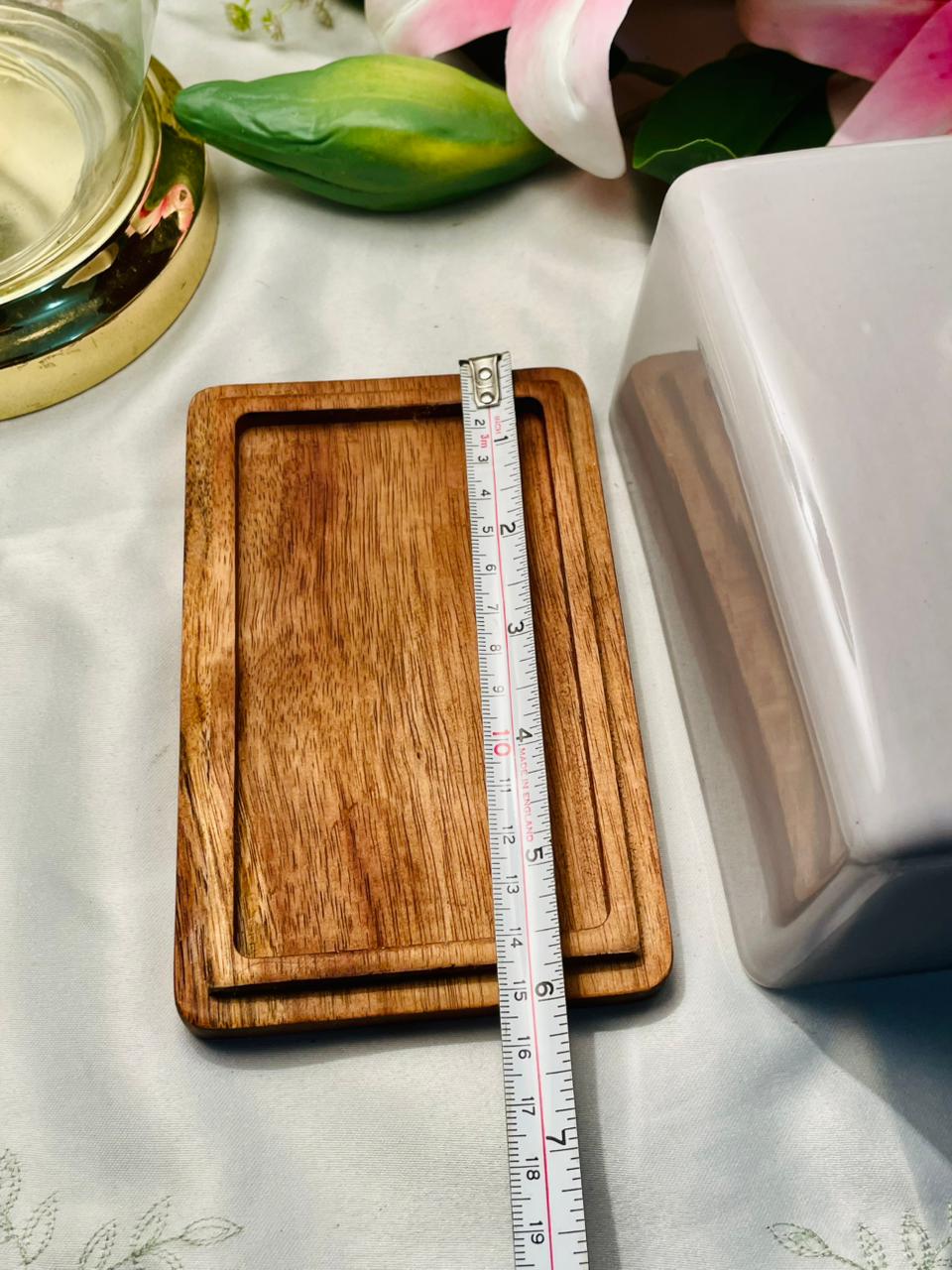 White Ceramic Butter Dish with Wooden Base 6 in