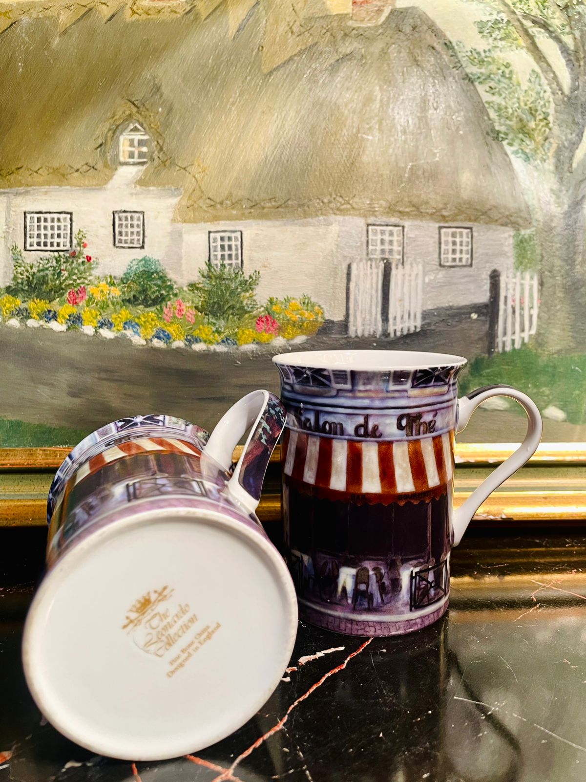 Set of 2 Vintage Bone China Mugs – French “Salon de Thé” Café Design