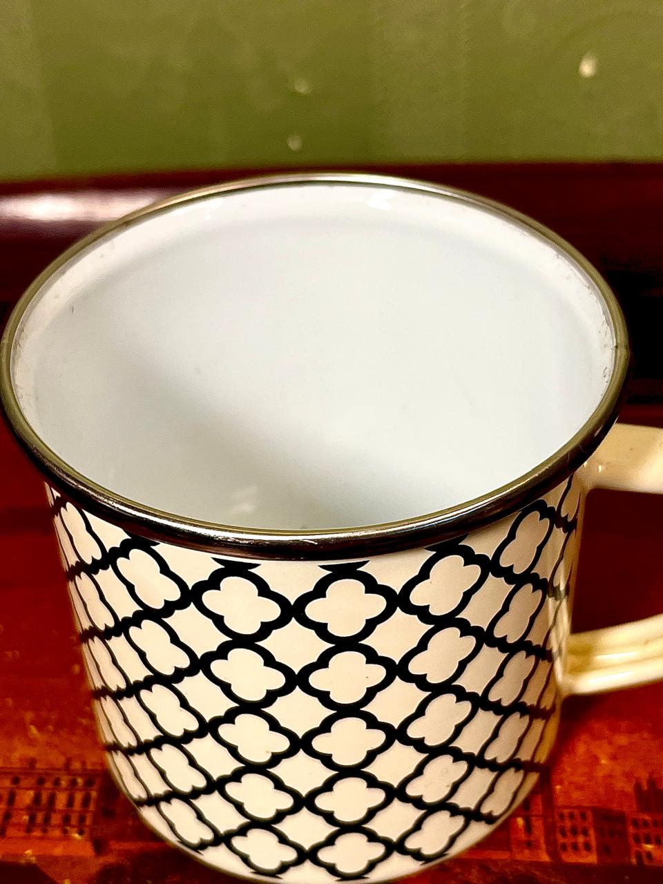 Black & White Geometric Ceramic Mug with Silver Rim – 4"