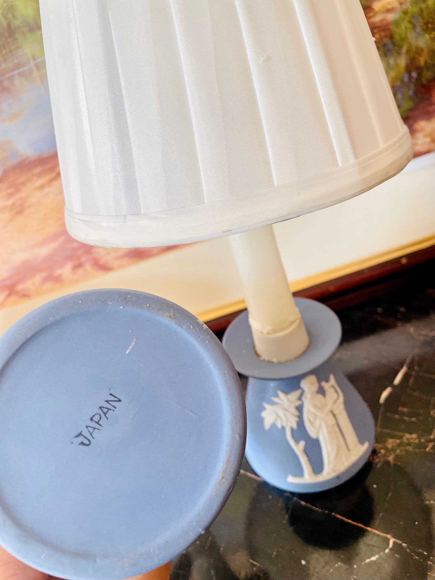 (RARE FIND) Pair of Wedgwood-Style Jasperware Table Lamps with White Relief & Pleated Shades