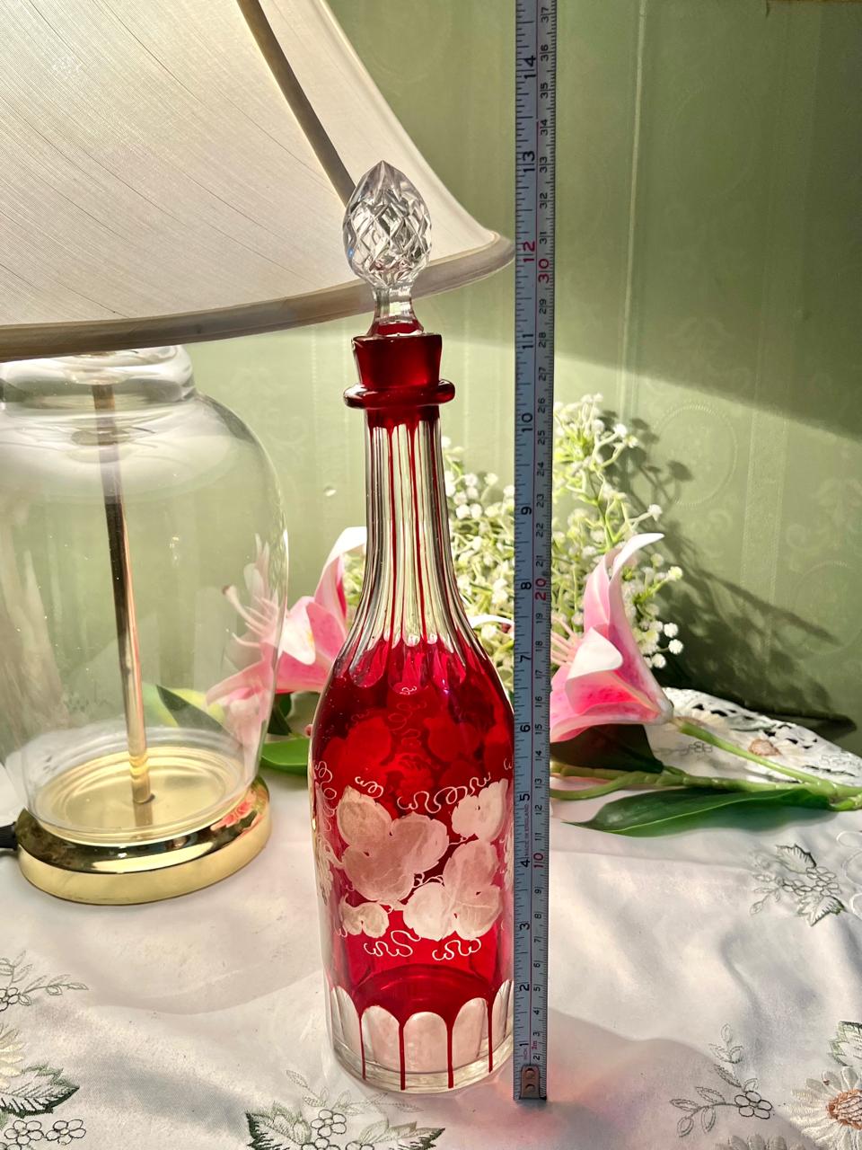 Antique Red Crystal Floral Decanter with Stopper 31 cm
