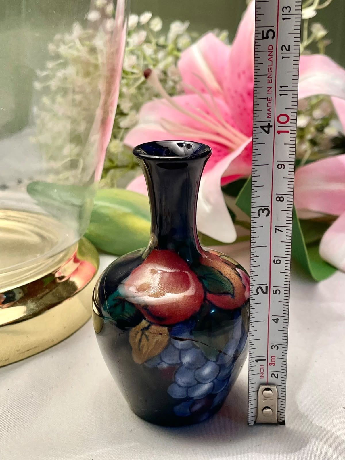 Vintage Fruit Motif Mini Vase, Dark Blue, 4 in