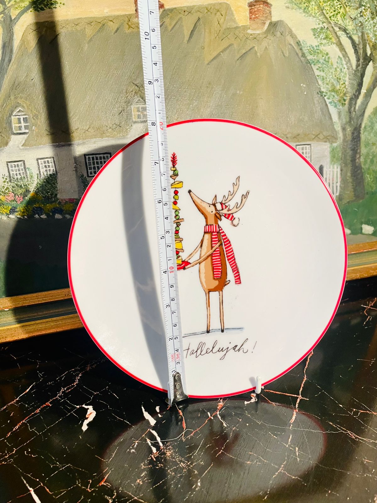 Festive Reindeer Porcelain Plates – Christmas Red Rim Dinner Set “Hallelujah”