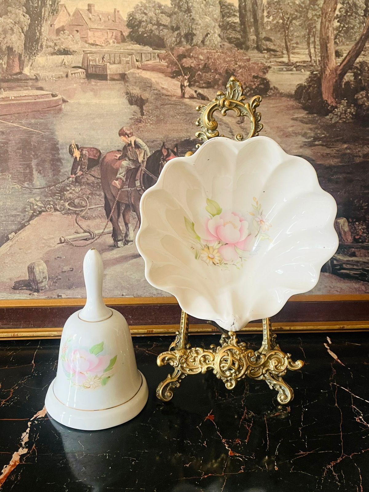 Vintage English Porcelain Bell & Shell Dish Set – Soft Pink Floral Design