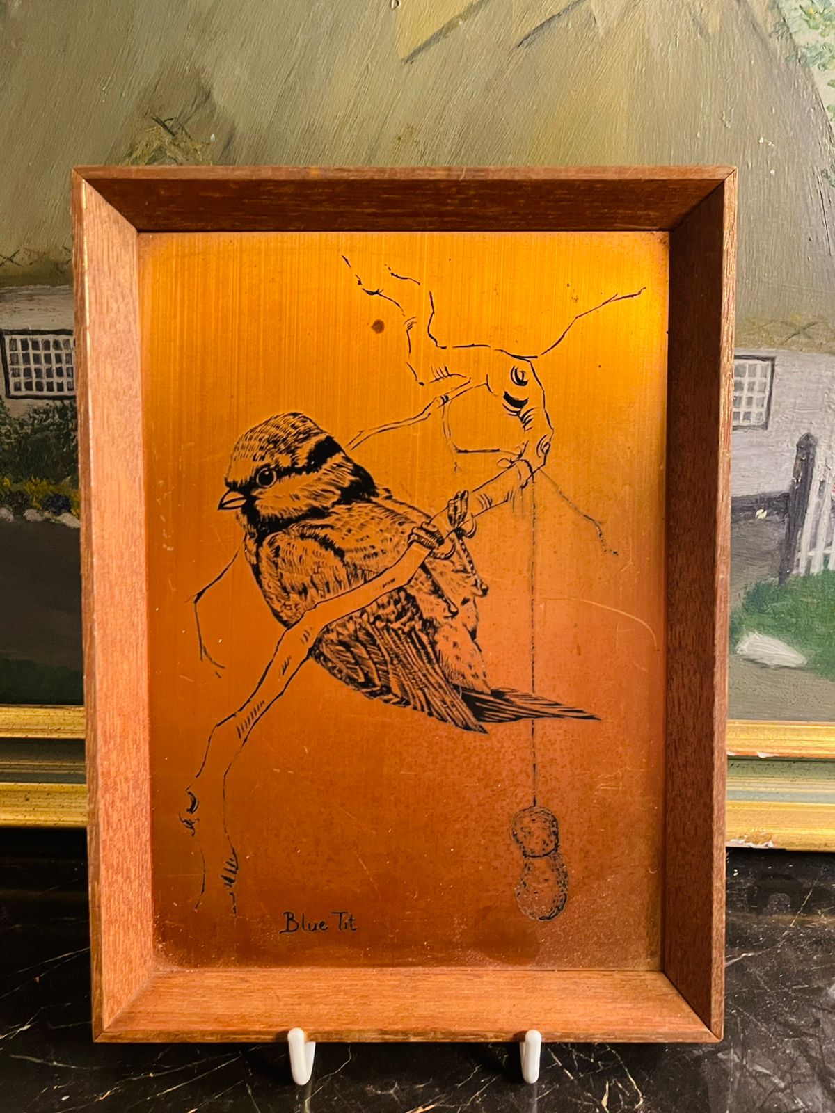 Antique Copper Bird Picture frame, 8 inches, Copper Etching, Blue Tit