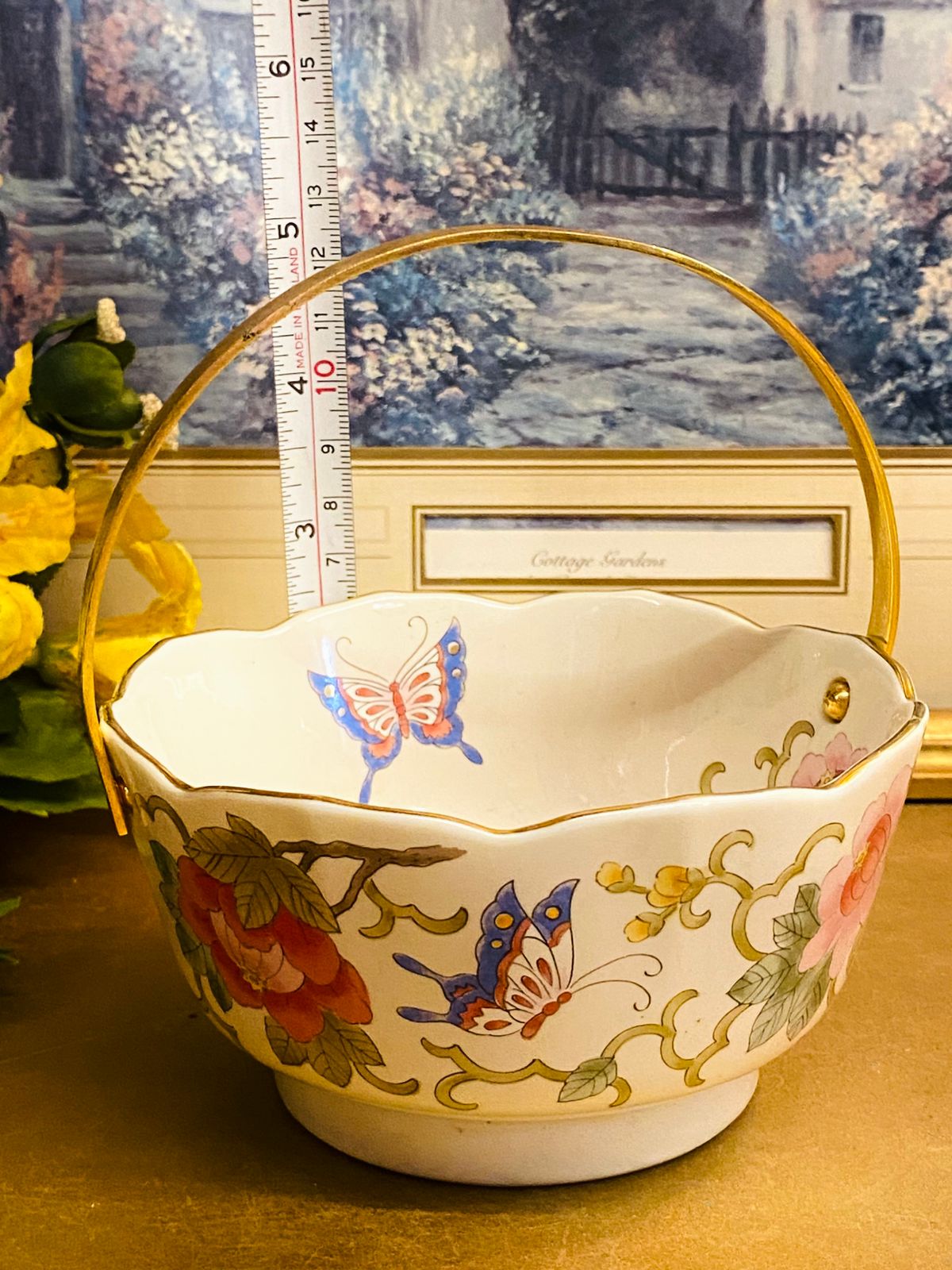 Vintage Floral Butterfly Porcelain Basket Bowl 5"